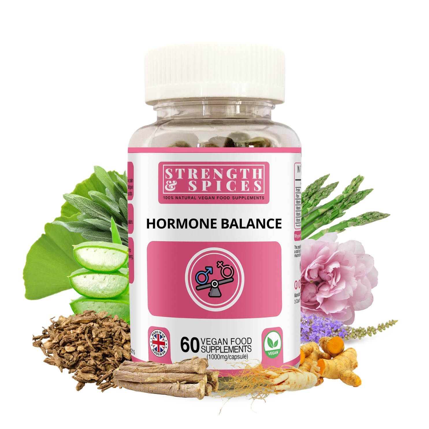 Strength & Spices Hormone Balance 100% Natural Estrogen Supplement – 12 Ingredients w Dong Quai - 60 Vegan UK Made 1000mg Capsules – Fertility and Menstrual Comfort
