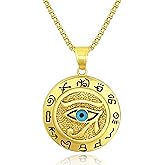Eye of Horus Necklace Egyptian Jewelry Mens Necklace, 23.6 Inch Stainless Steel Chain, Pictographic Characters and Accents of Blue Crystal, Mens Jewelr Accessories Everyday Outfits