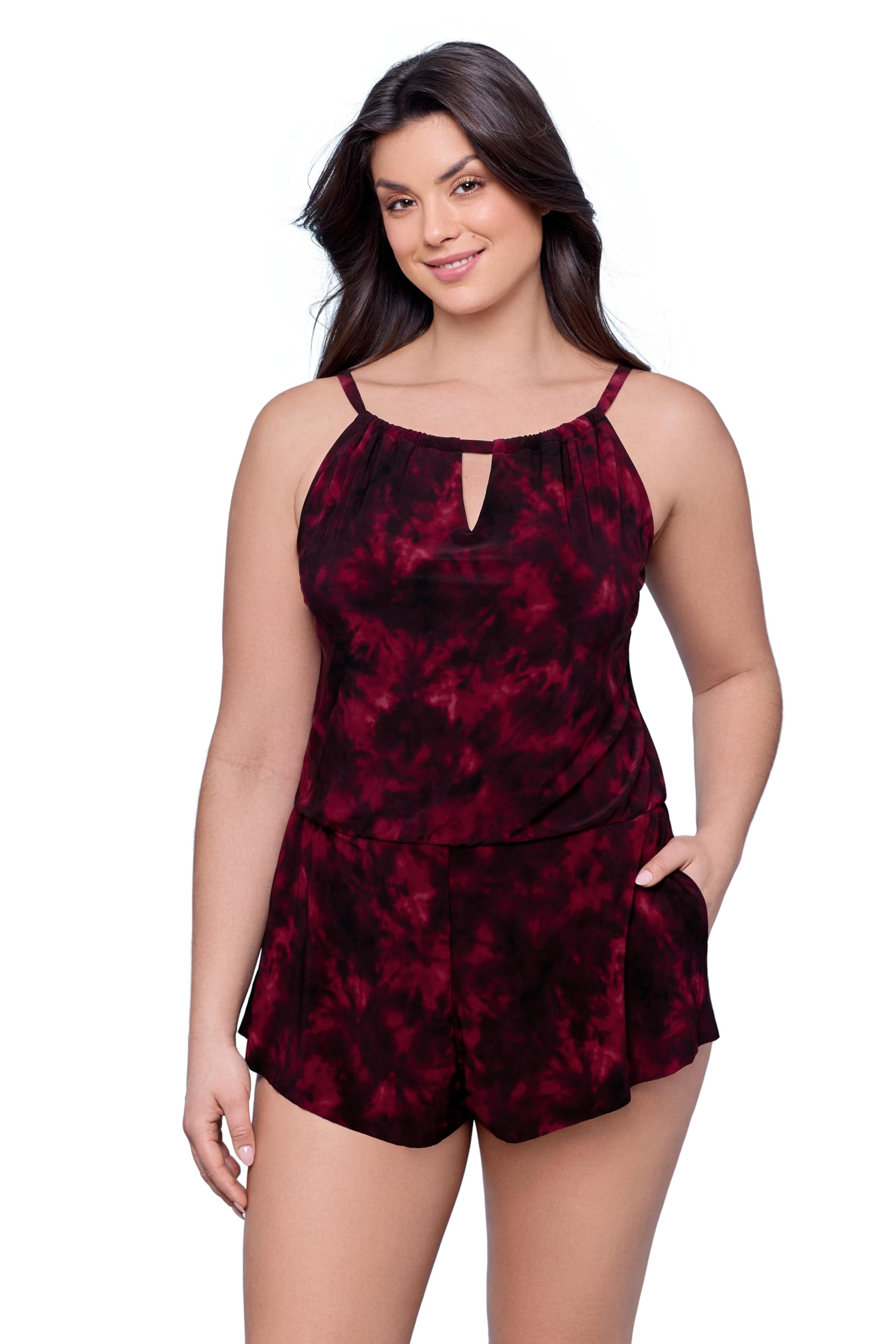 Photo 1 of Aqua Green Women's Standard Keyhole Blouson Slimming Swim Romper with Pocket, to Dye for