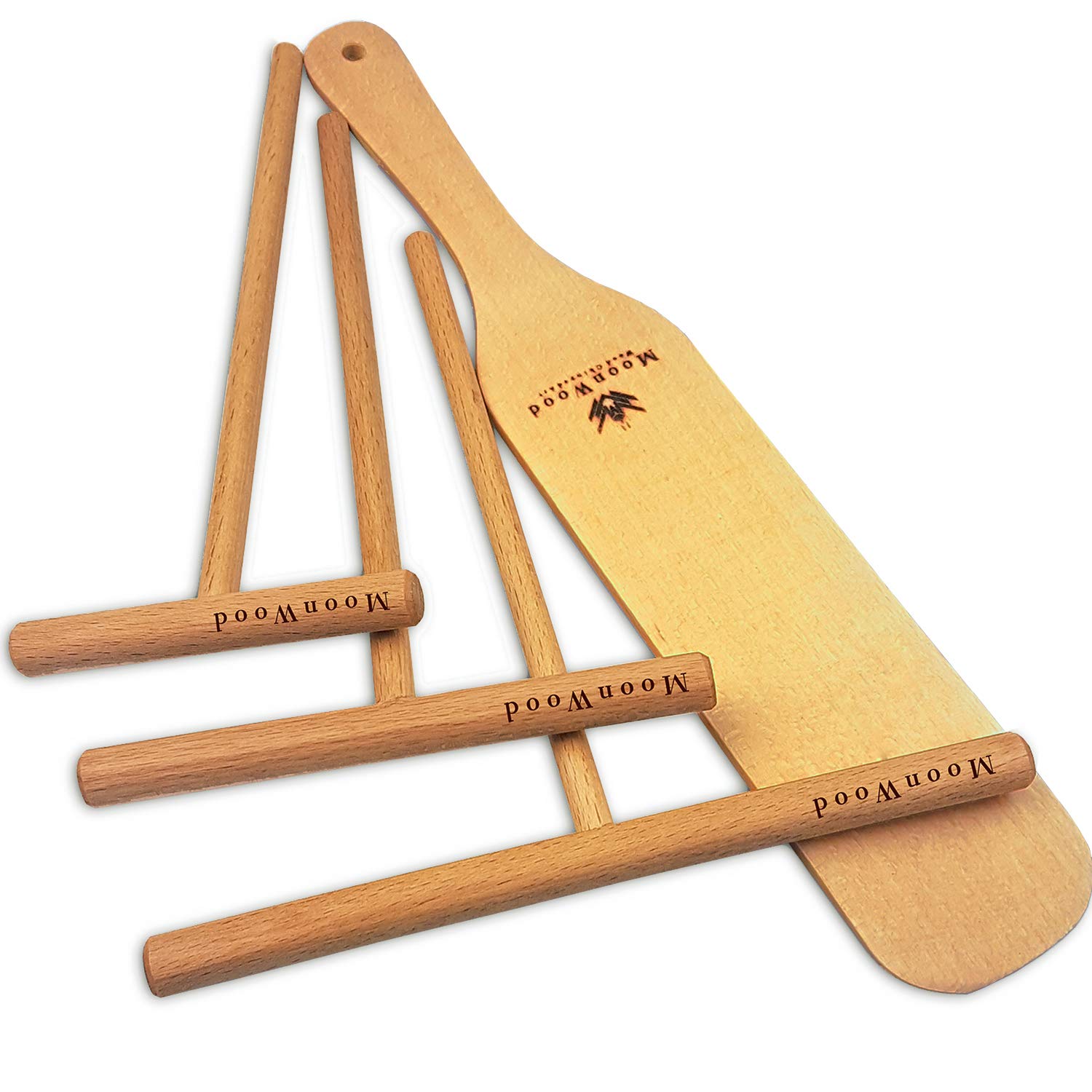 Photo 1 of Crepe Spreader and Spatula Kit - 4 Pcs T-Shaped Batter Pancake Tool Set (3.5, 5, 7, 12 Inch Turner) Natural Wood Sticks Fit Any Pan Maker, Mix, Wooden