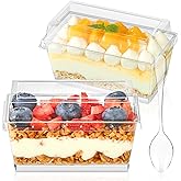 TOFLEN 50 Pack 5 oz Dessert Cups with Lids and Spoons | Mini Clear Plastic Parfait Cups, Rectangle Party Serving Bowls, For Parfait, Appetizers, Mousse, Pudding