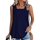 JOLIGAL Womens Tank Tops Summer Square Neck Pleated Sleeveless Top Casual Loose Fit Basic Shirts
