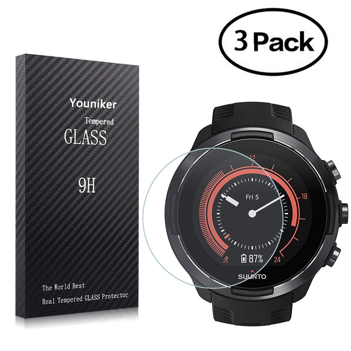 Youniker 3 Pack Compatible with Suunto 9 Baro Screen Protector Tempered Glass For Suunto 9 Baro Smart Watch Screen Protectors Foils Glass 9H 0.3MM Anti-Scratch No Bubble