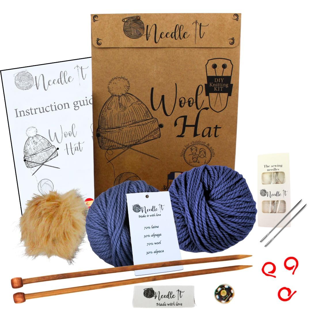 Needle It® Complete Dark Blue Knitting hat kit - Do-it-Yourself Woolen hat for Children and Adults - Complete kit with Needle, Ball and Instructions - French Wool