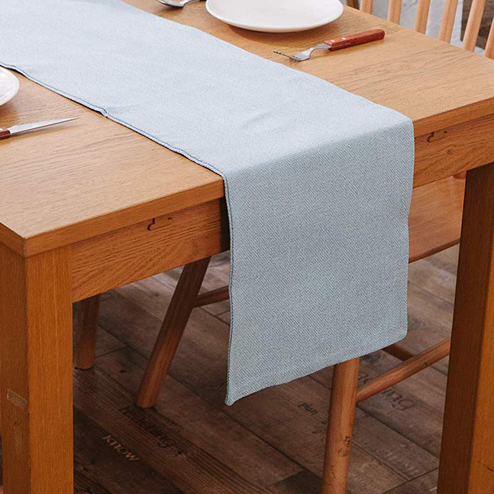 Photo 1 of 12 x 36 Inch Long Handmade Soft Faux Linen Table Runner with eco-Friendly Blended Fabric Suitable for Short Table Light Blue
