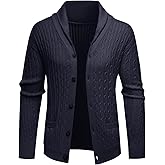 ALLOVIN Mens Cable Knit Cardigan Sweater Shawl Collar Long Sleeve Button Down with Pockets Casual Business Wear Fall Winter