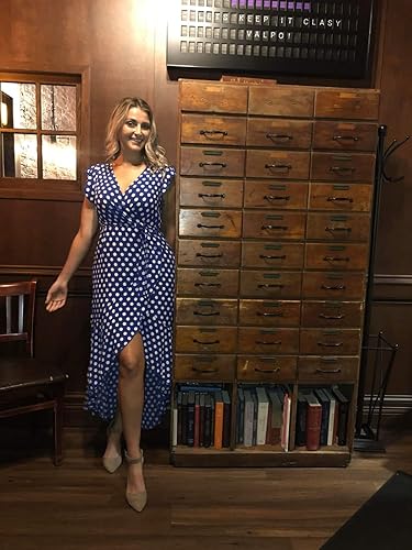 GRECERELLE Women's Summer Floral Print Cross V Neck Dress Bohemian Flowy  Long Maxi Dress PD-Royal Blue-Medium