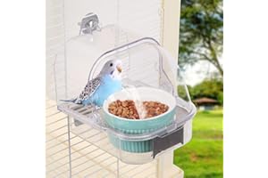 WQY GROCERYSHOP Bird Feeder for Cage No Mess Bird Cage Pet Feeder Bird Bath for Cage for Parakeet Canary Cockatiel Parrot Finch with Ceramic Bowl and Blue Container (Transparent Container)