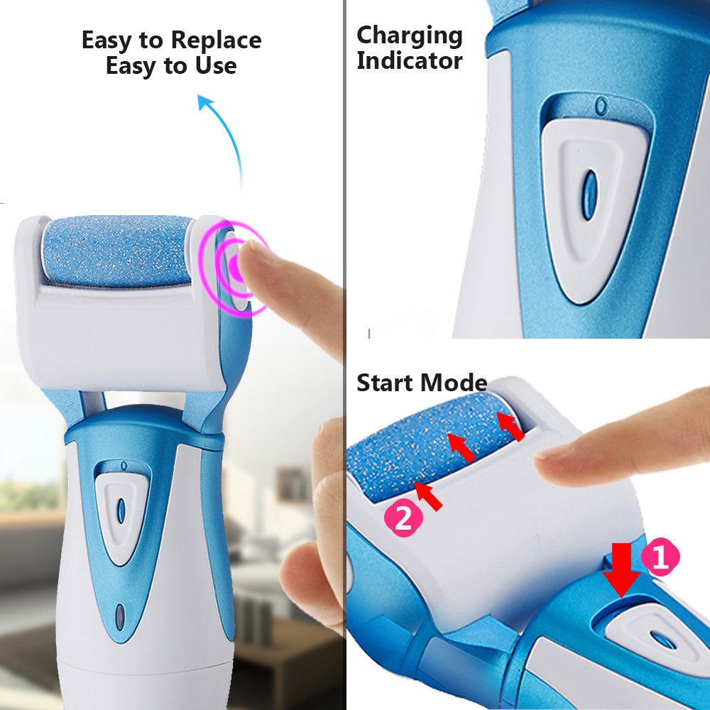 Electric Pedicure Tools - Rechargeable & Waterproof Foot File with Quartz Sand Remove Dead, Hard, Cracked Skin (Blue)