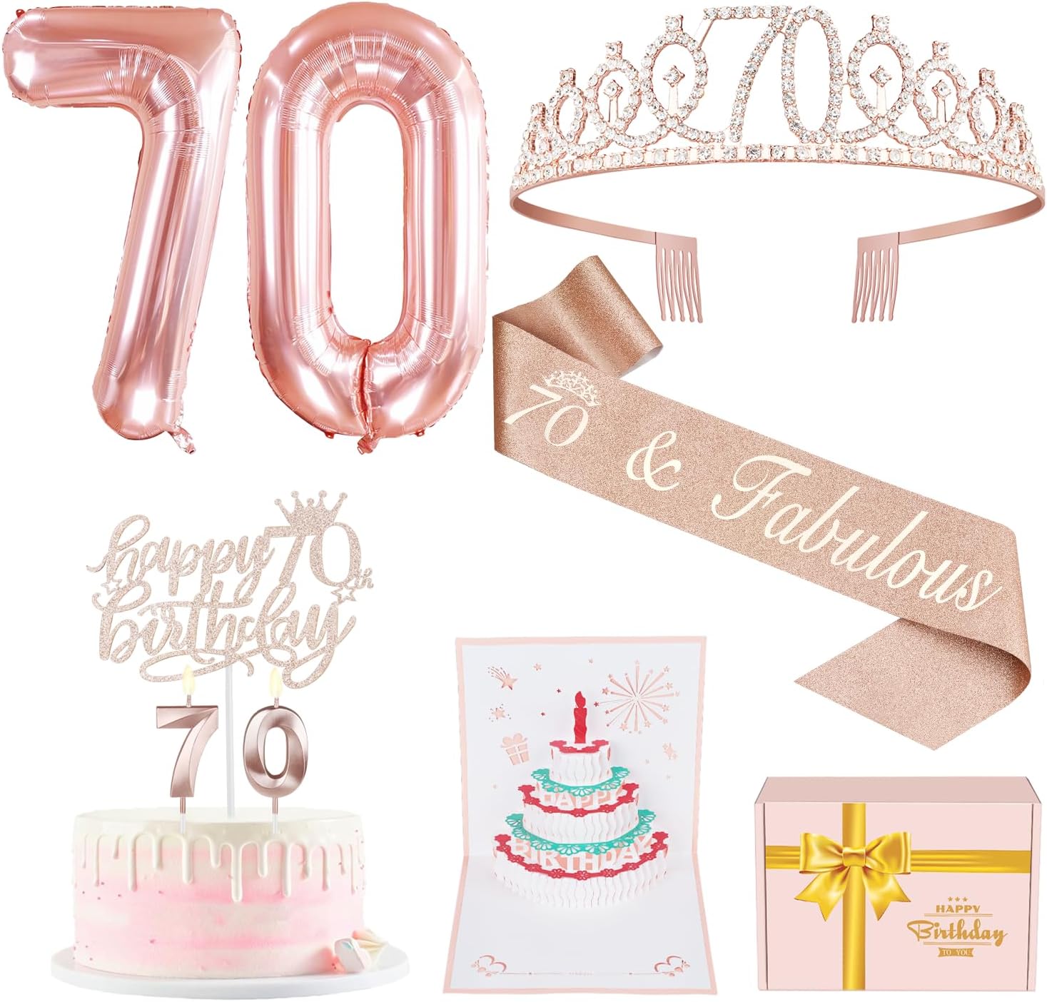 Candles & Holders - 70th Birthday Decorations For Women, Include 70th Birthday Sash and Tiara, Birthday Cake Topper and Number 70 Candles, 70 Balloons, 3D Birthday Card and , 70th Birthday Gifts Women