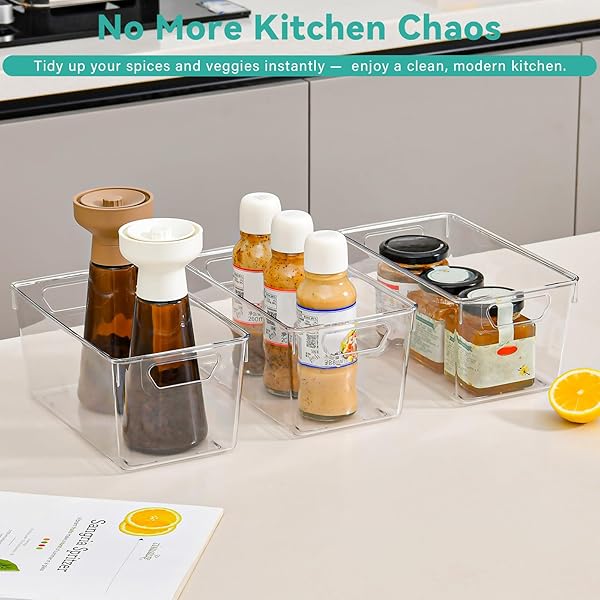 12 PACK SMALL CLEAR PLASTIC STORAGE BINS, ACRYLIC KITCHEN ORGANIZER AND STORAGE BINS, FRIDGE ORGANIZER, SMALL PLASTIC CONTAINERS BINS, CABINET ORGANIZER FOR PANTRY,BATHROOM,REFRIGERATOR, SHELF