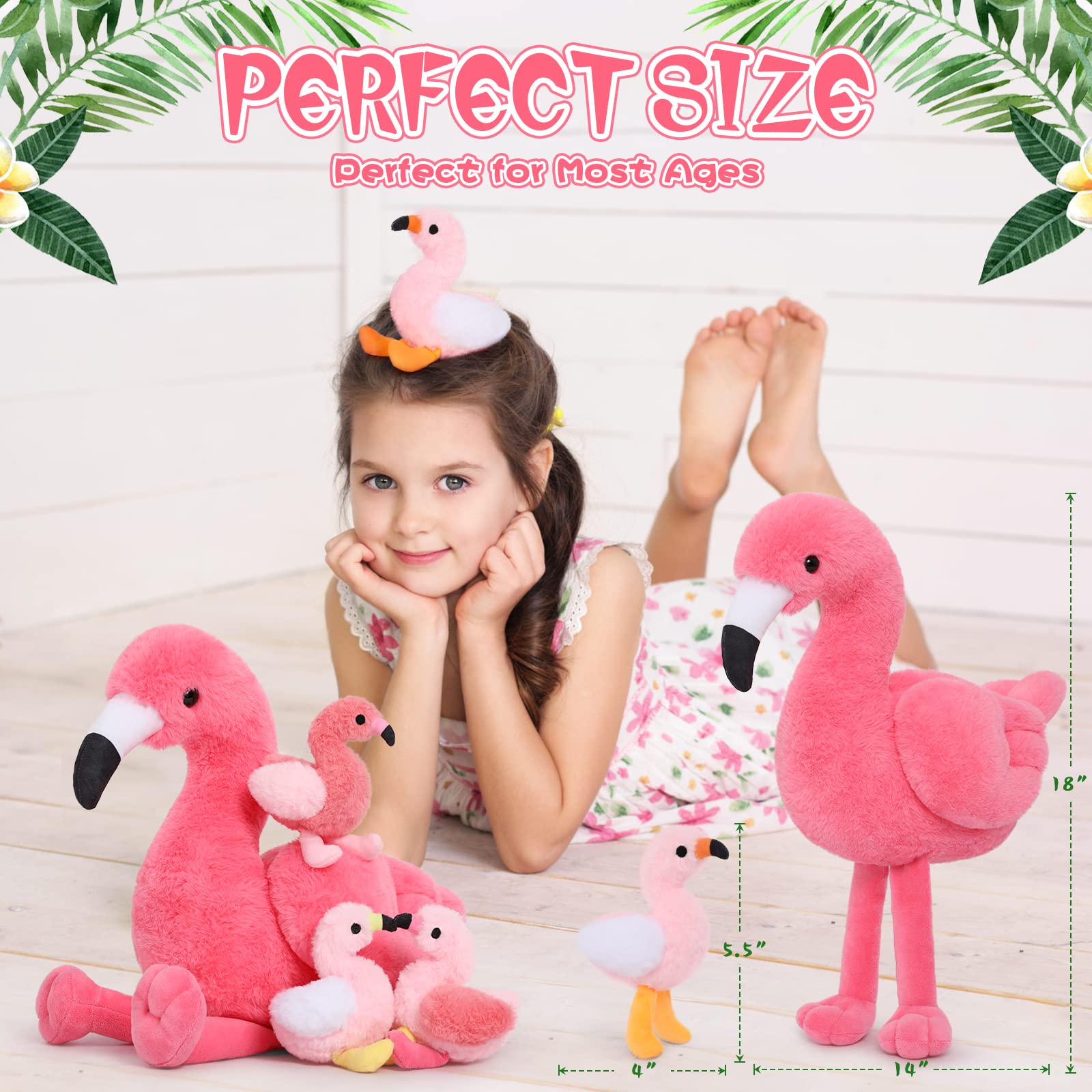MorisMos 45cm sitzend Plüsch Flamingo mit 4 Baby im Bauch, Rosa Süß Kuschelig Flamingon Plüschtier Stofftier, Weich Spielzeug Dekokissen Geburtstag Themeparty Weihnachten Geschenk 4