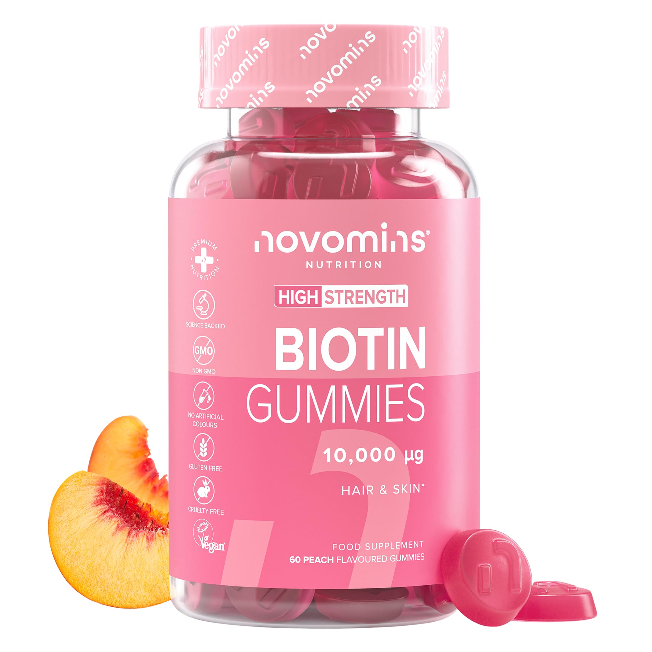 Biotin Gummies - 10,000 mcg Biotin Hair Growth - 60-Day Supply - Hair Growth Vitamins - Vegan & Gluten-Free Alternative to Tablets - Anti Hair Loss Gummies - 60 Gummies - Novomins