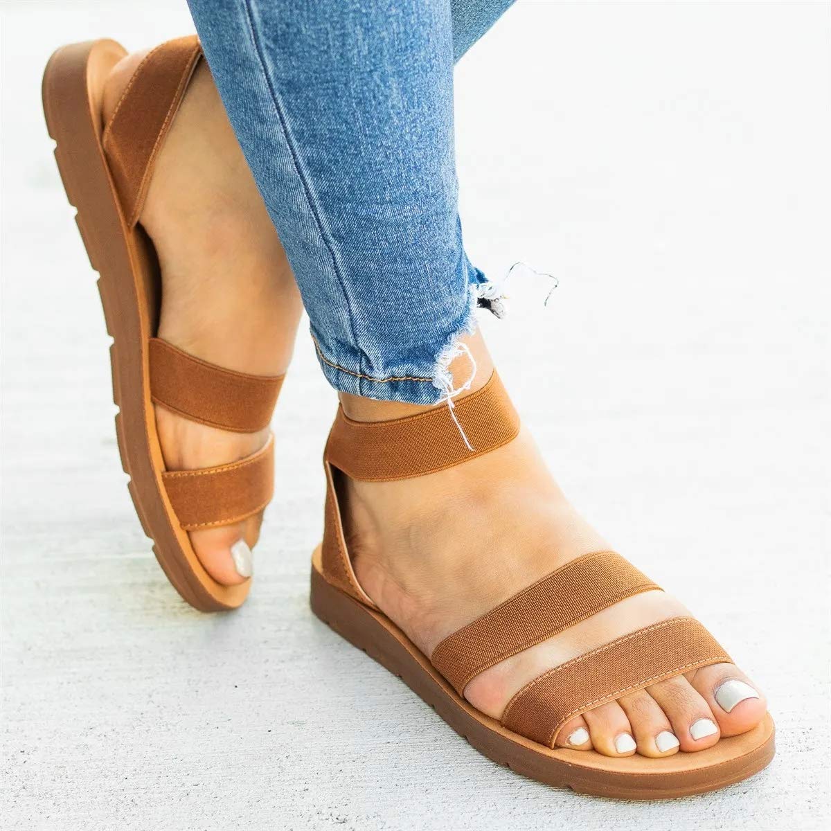 Womens Summer Flat Sandals Elastic Ankle Strap Open Toe Gladiator Comfortable Beach Shoes - Image 4