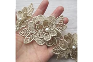 SHBBON 2 Yards 3D Flower Lace Trim Pearl Embroidered Polyester Lace Ribbon Fabric Applique Patchwork for Wedding Dress Handmade DIY Sewing Craft Supplies Decoration (Gold)