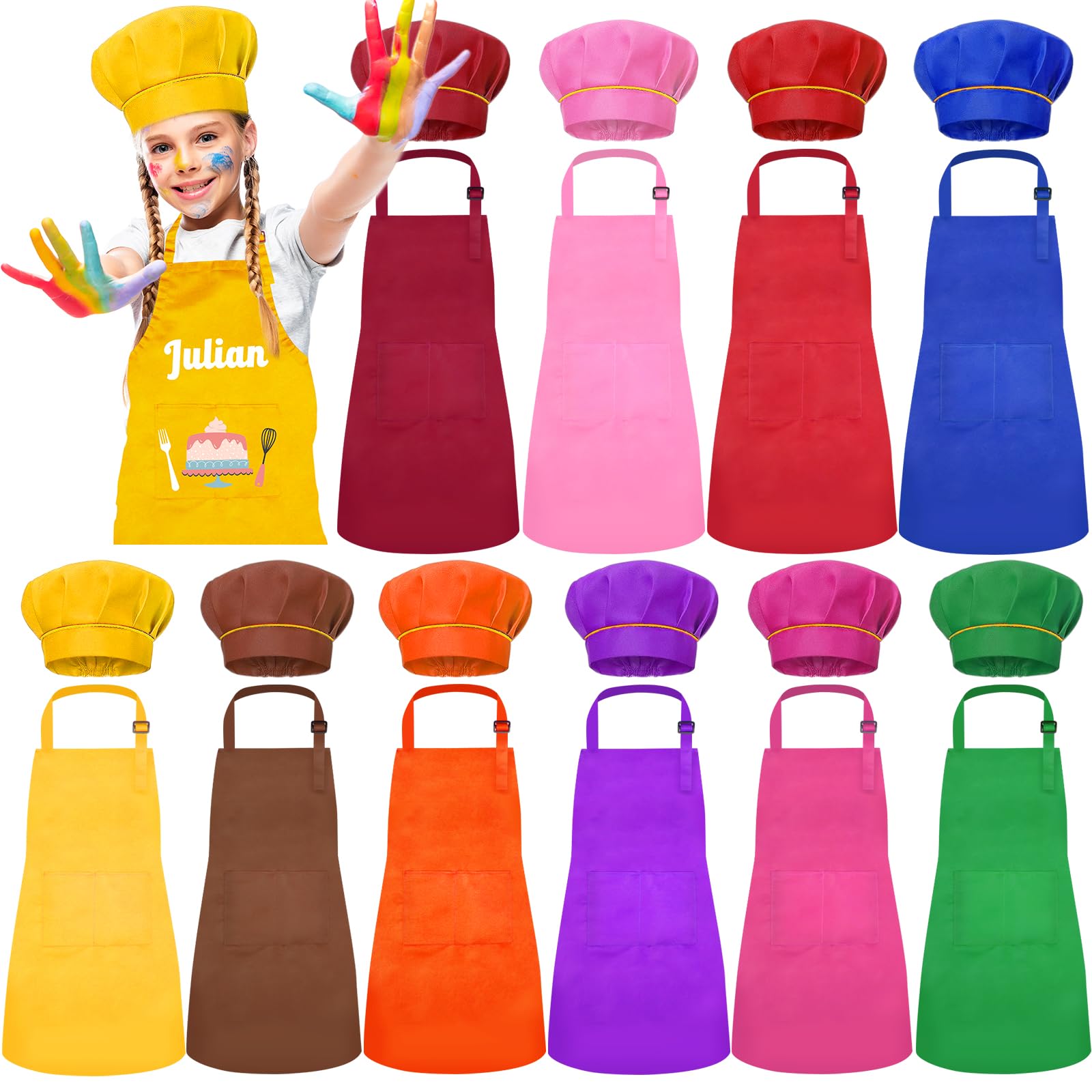 Ecoofor 20 Pieces Kid Aprons and chef hat 10 colors Kids Painting Aprons for Children Adjustable Chef Aprons for Boys and Girls Art Painting Cooking Baking (Large Size for 5-12 Age)