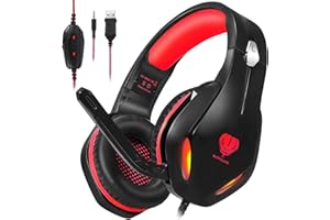 HAIDIKAISI Gaming Headset for PS4, PC, Xbox One, PS5, for Nintendo Switch, Wired Over Ear Headphones with Stereo Surround Sound, Noise-Cancelling Microphone, LED Lights for Kids Adults, Red
