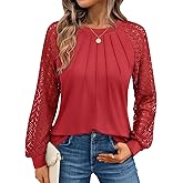 AUTOMET Womens Long Sleeve Shirts Pleated Lace Tops Fall Fashion Outfits Business Casual Blouses
