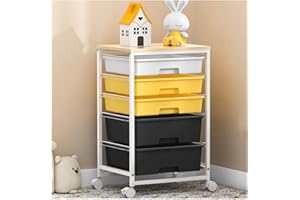 SYKIARIOL Utility Cart with 5 Drawers,Storage Drawer Cart with Wooden Tabletop and Lockable Wheels,5 Drawer Rolling Cart with Large Capacity,Yellow
