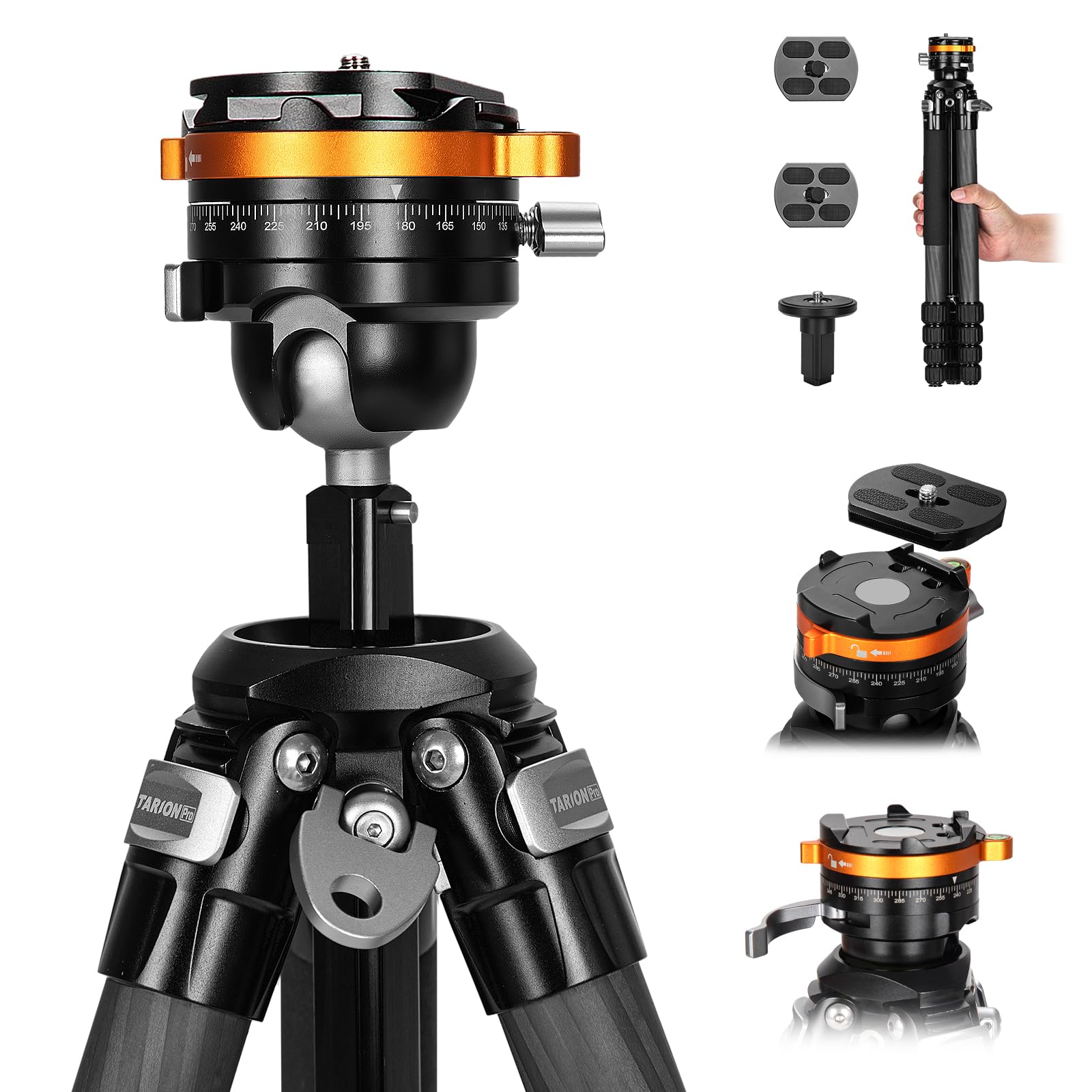 TARION Carbon Fiber Camera Tripod: Compact Travel Tripod with Bowl Head and Quickset System, 61in/155cm, Center Column & Ball Head