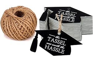 WRAPAHOLIC Gift Tags with String - 100PCS The Tassel was Worth The Hassle Graduation Cap Paper Tags with 100 Feet Natural Jute Twine for Grad Party Favors