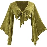 QJQ Women's Floral Ruffle Boho Crop Tops 70s Hippie Disco Western Outfits 3/4 Bell Sleeve Tie Front Deep V Neck Blouses