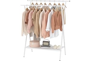 Laiensia Double Rods Clothing Racks for Hanging Clothes,Portable Clothing Hanging Garment Rack with Bottom Oxford Cloth Shelves,White