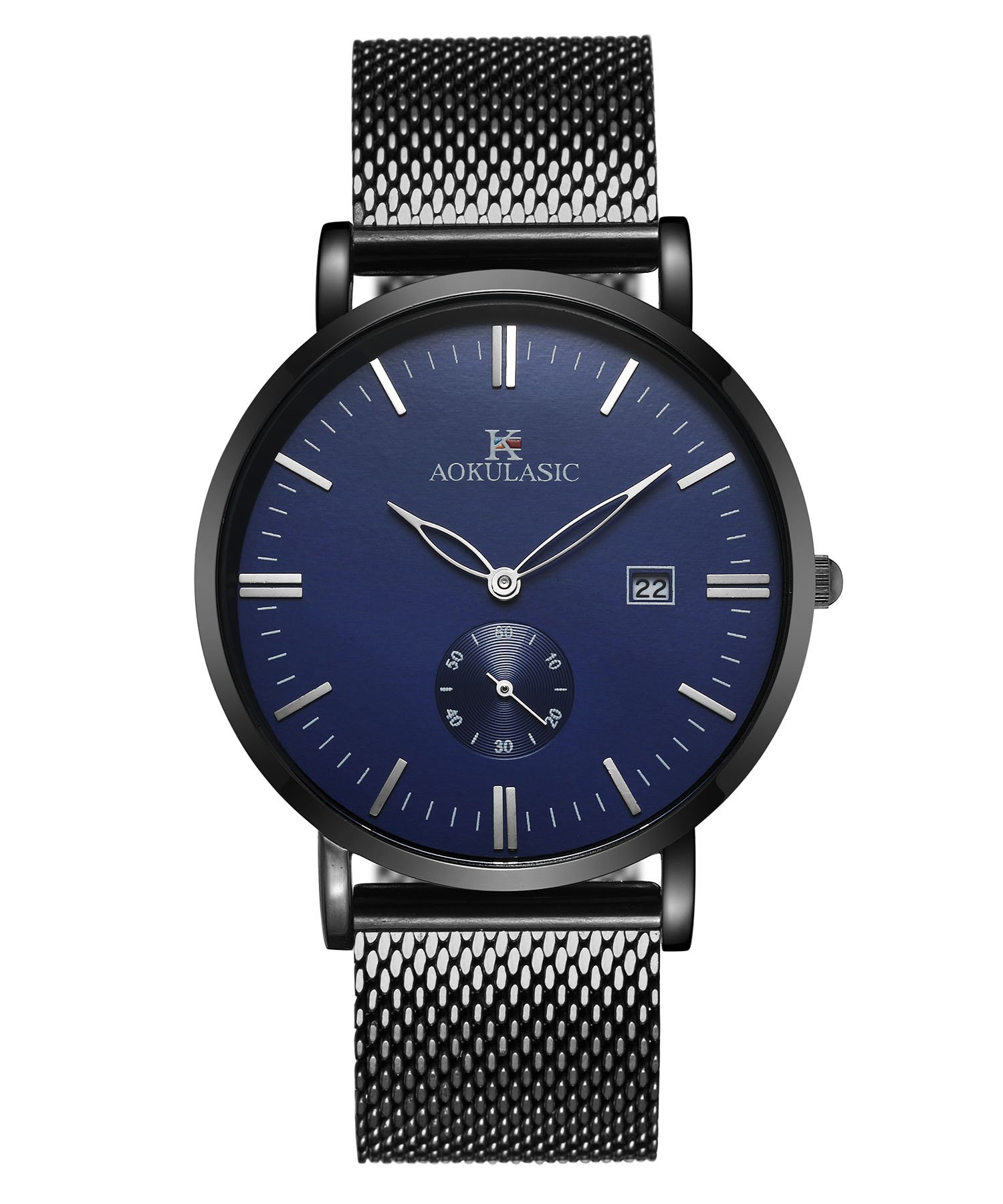 AOKULASIC Mens Fashion Fecha Analógica Cuarzo Resistente al Agua muñeca Reloj con Especial Segunda Sub Dial. (Azul Negro)