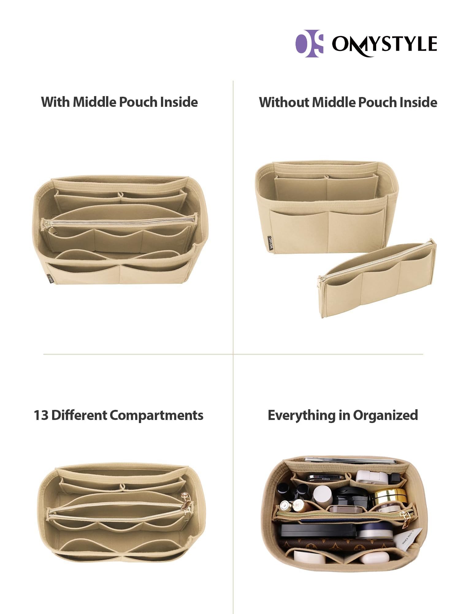 OMYSTYLE Purse Organizer Insert, Felt Tote Bag Organizer Insert with 5 Sizes, Handbag Dividers for Inside Purse, Compatible with Longchamp, Neverful, Speedy and More