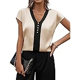 Fayenne Business Casual Tops V Neck Color Block Dressy Casual Blouses Cap Sleeve Satin Silk Work Shirts Summer Clothes Trendy Apricot