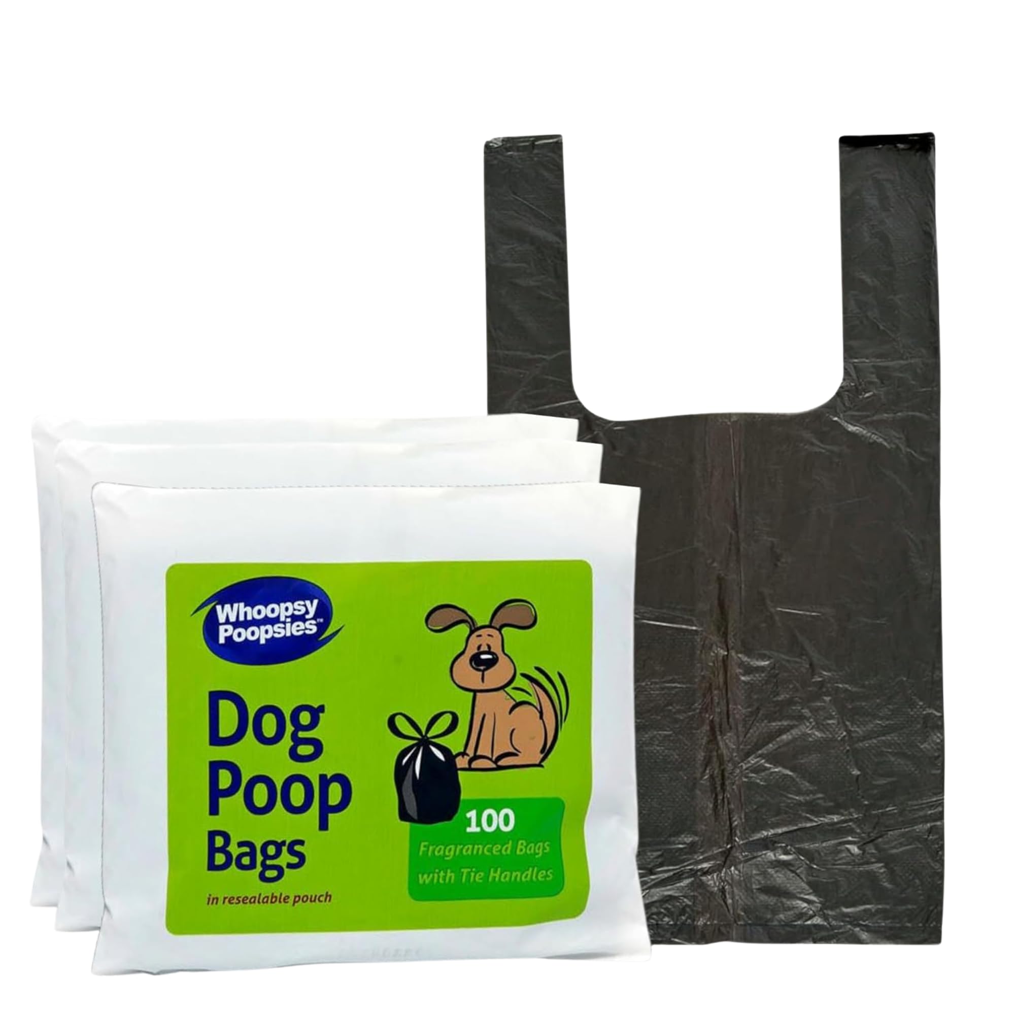 Kordis Whoopsy Poopsies Dog Poop Bags, 300 Large Dog Poop Bags With Tie Handles. Black Dog Poo Bags, Leak Resistant, Scented. Dog Waste Bags, 3 x 100 Bags - 30cm x 37cm