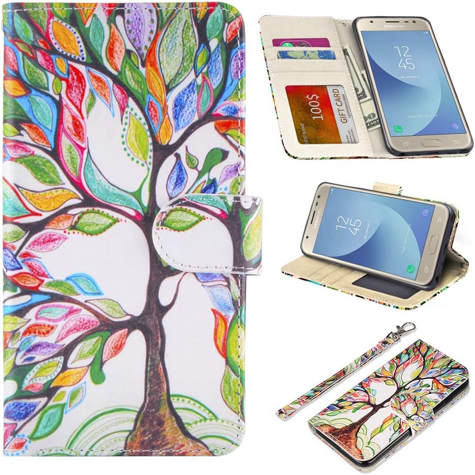 RusseryPek Samsung Galaxy J3 2017 Case, Folio Flip Premium PU Leather Cover with [Magnetic Closure] [Card Holder Slots] [Kickstand] [Wrist Strap] for Galaxy J3 2017,Love Tree