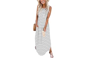 WNEEDU Women's Maxi Dresses 2026 Summer Sleeveless Dress Casual Cover up Loose Sundresses Split Tshirt Dresses with Pockets