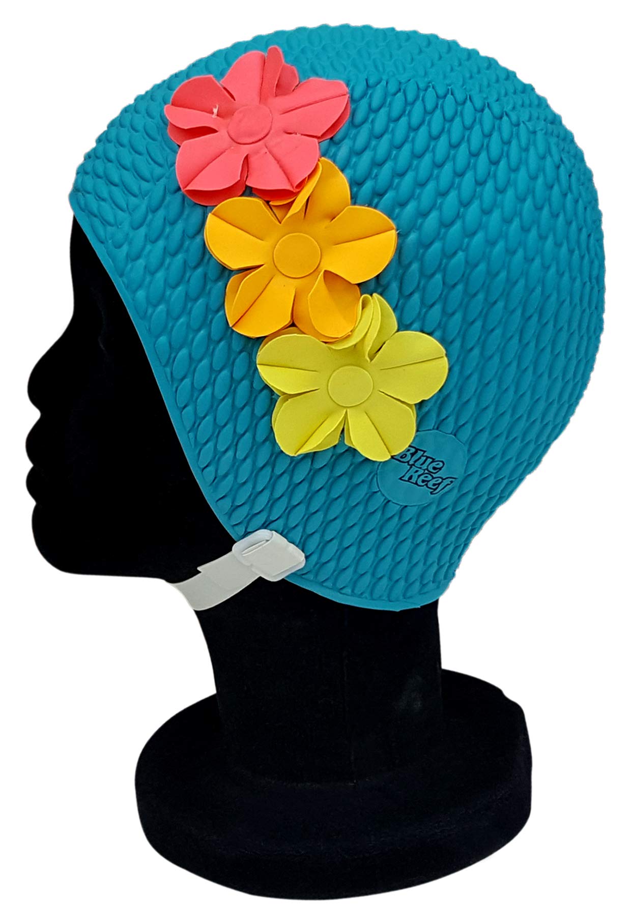 Blue Reef Paris Bubble Single Colour Floral Ladies Classic Retro 3 Flower Tropical Row 3D Petal 3 Colour Stylish Vintage Swimming Hat Swim Cap One Size Adults With Adjustable Strap (Teal)