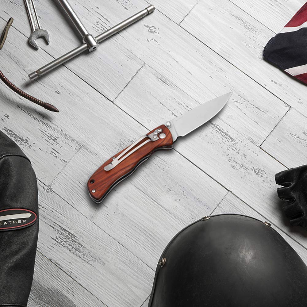 Liner Lock Folding Knife with 8Cr13MoV Stainless Steel Blade, Brown Wood Handle, Belt Clip Outdoor Hunting Camping Tactical Tool EDC Pocket Knives