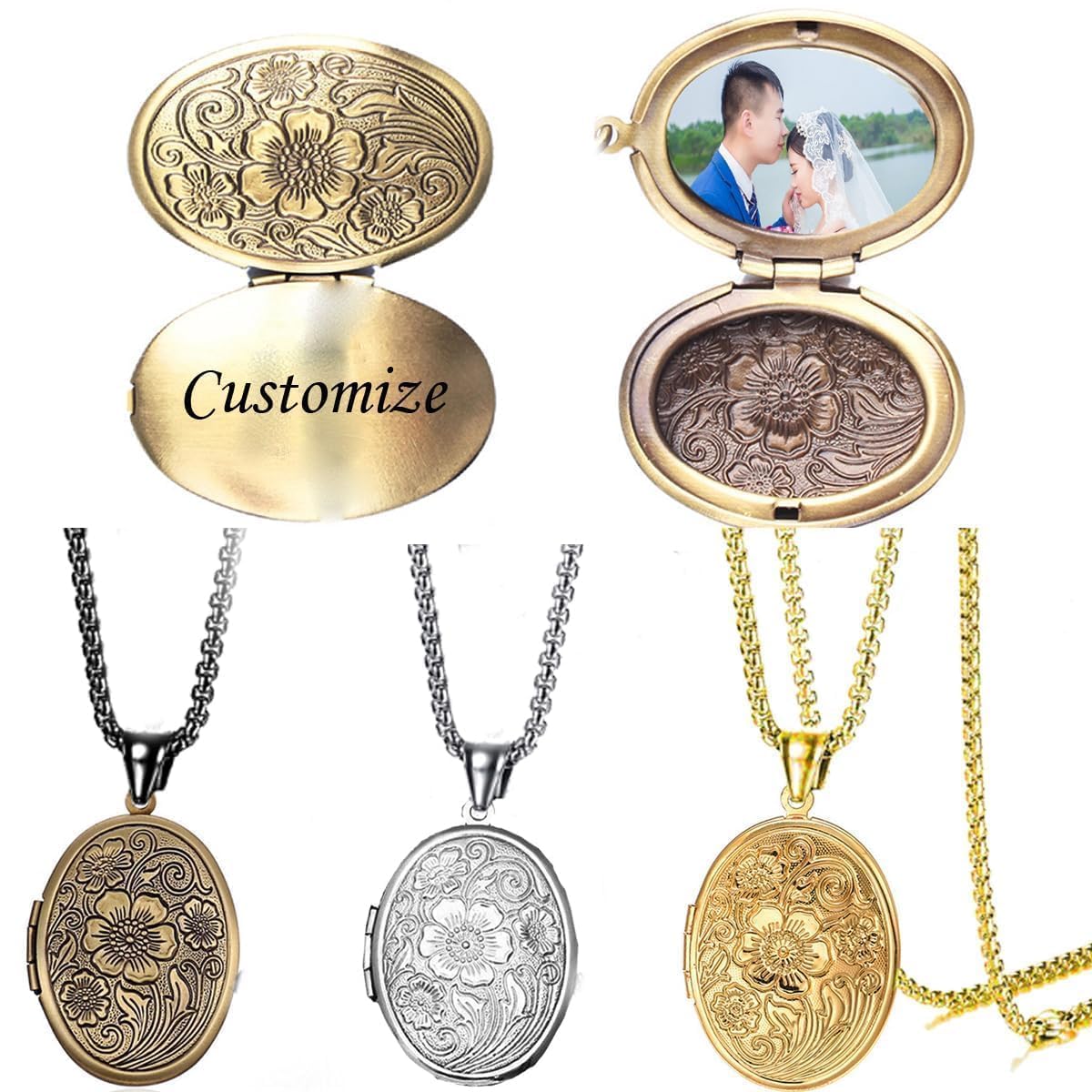 Hsumonre Customize Oval Locket Necklace Text Engraved Antique Bronze Flower Carved Hold Picture Love Memory Pendant Necklace For Couple Silver Gold Plated