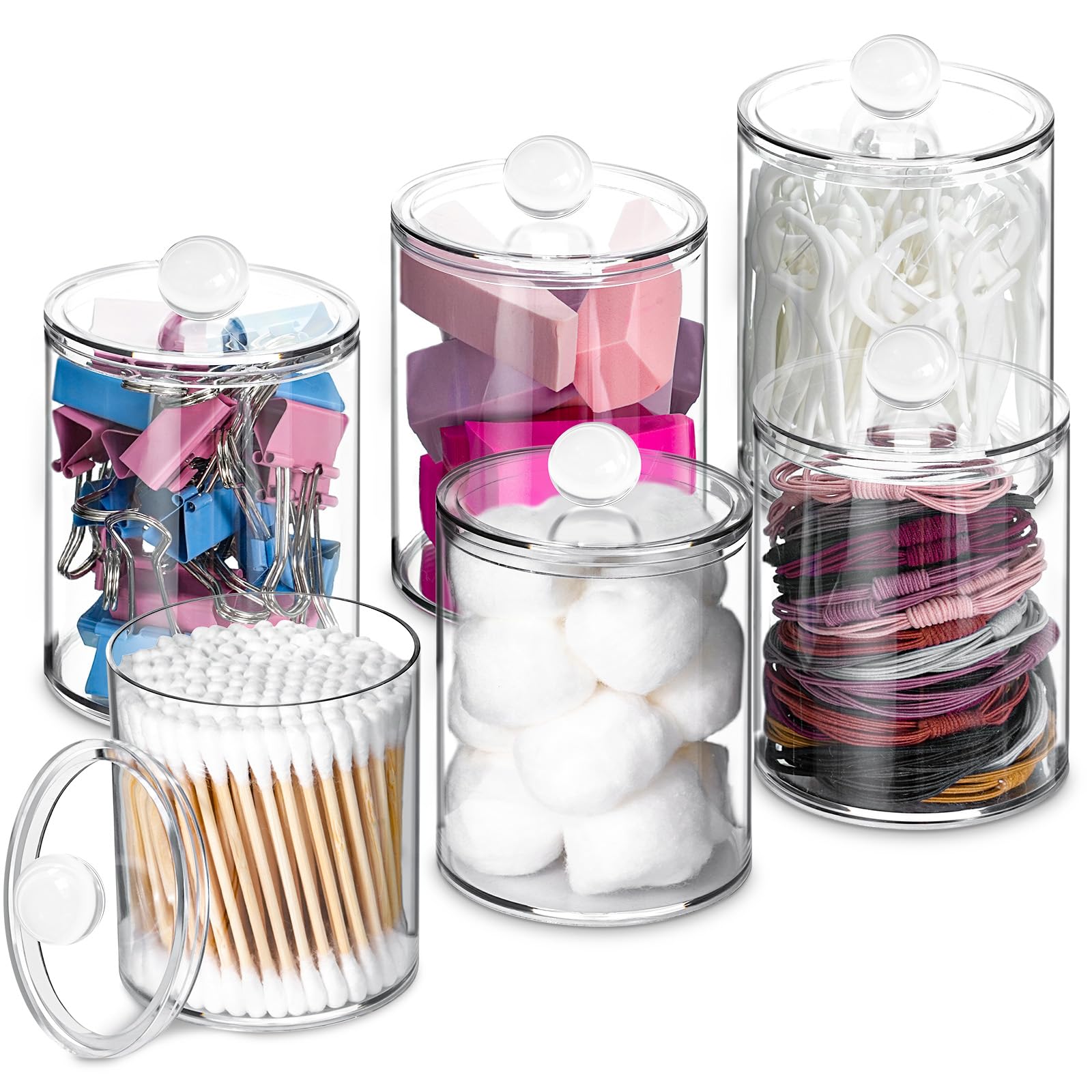 Photo 1 of XIPENGKEJI 6 Pack Qtip Holder,Canister Apothecary Jar Set, Bathroom Jars with Lids Set for Cotton Swabs, Balls, Pads, Floss Picks,10oz-12oz Plastic Canisters Restroom Bedroom Vanity Organizer(Clear)