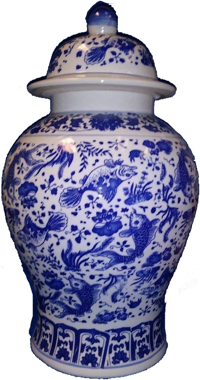 18" Goldfish Blue and White Porcelain Ginger Temple vase
