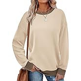 Saloogoe Sweatshirts for Women Crewneck Long Sleeve Loose Fit Tops Color Block Ribbed Trim Fashion 2025