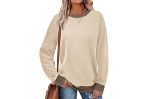 Saloogoe Sweatshirts for Women Crewneck Long Sleeve Loose Fit Tops Color Block Ribbed Trim Fashion 2024