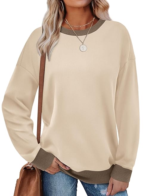 Saloogoe Womens Tops Long Sleeve Oversized Sweatshirts Casual Fall Sweaters 2025 Trendy Old Money Clothes Khaki XL
