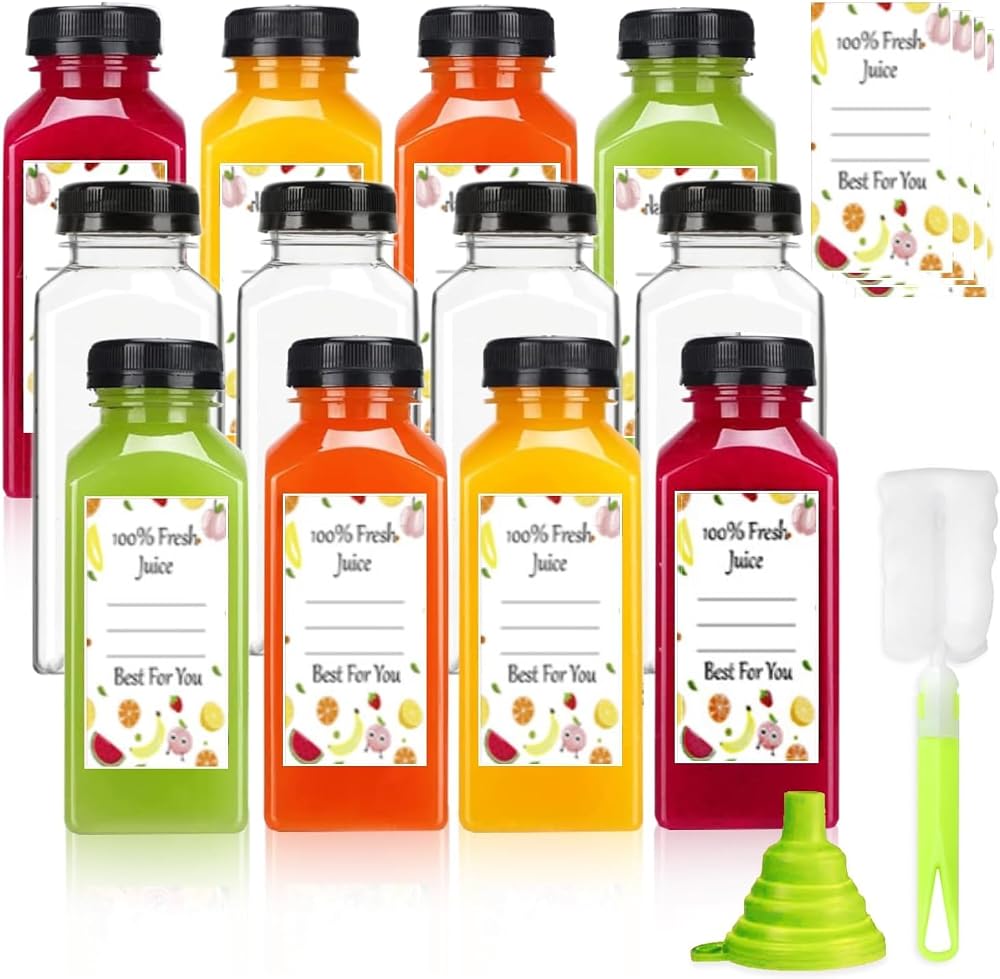 Leaflai 12 Pack 12oz Juice Bottles with Lids, BPA-Free Plastic