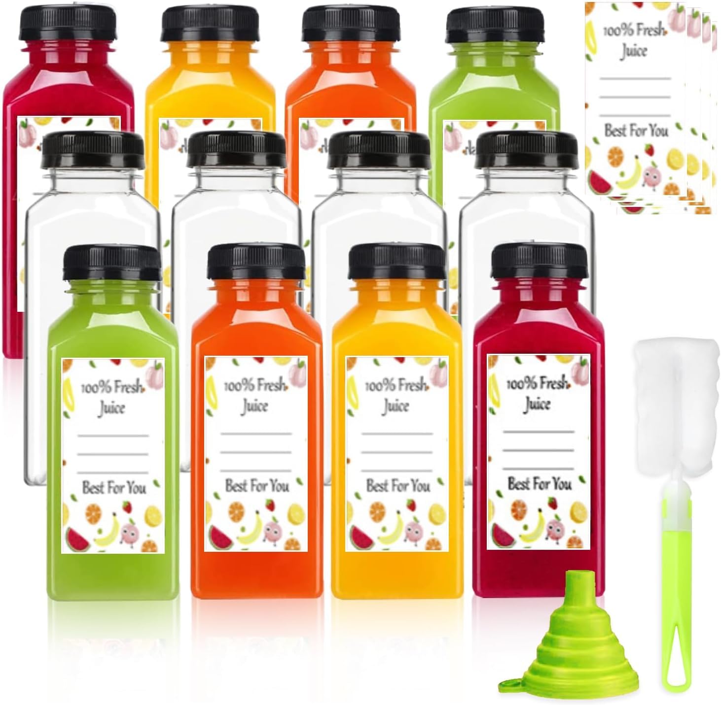 Leaflai Juice Bottles 12 Pack - 12oz Shot Bottles with Lids, Plastic Reusable Empty Bottle for Juice Milk Smoothie Drinking Fruit Stickers