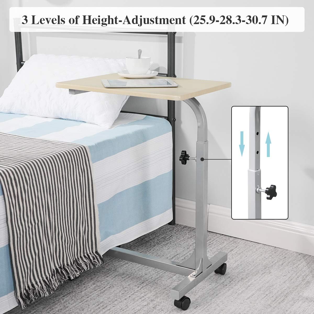 Over Bed Table C Sofa Side Medical Table with Lockable Wheels, 3 Height Adjustable Food Table Tray, Multi-Purpose Portable Rolling Desk Wood (18.9x14.7x26.4-31.1 inch): Kitchen & Dining