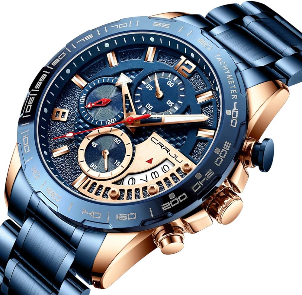 CRRJU Men's Watches Luxury Stainless Steel Band and Casual Waterproof Sport Quartz Watch for Men, Unique Auto Date Militry Mens Watches