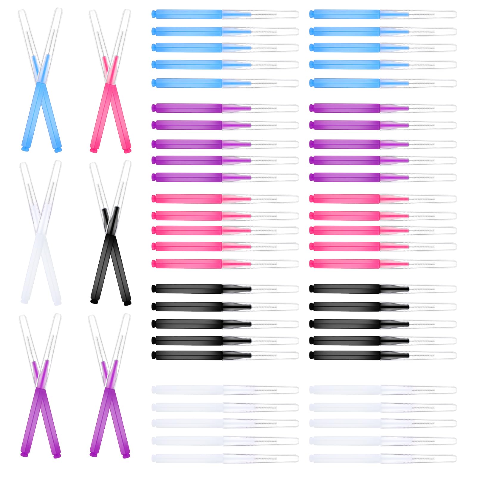 Piriuuo 50 Pcs Micro Eyebrow Brush, Multifunctional Eyelash Comb Brush with Cap Portable Eyebrow Spoolies Brush Brow Lamination Brow Brushes for Eyebrows Eyelash Extensions Tool, 5 Colors
