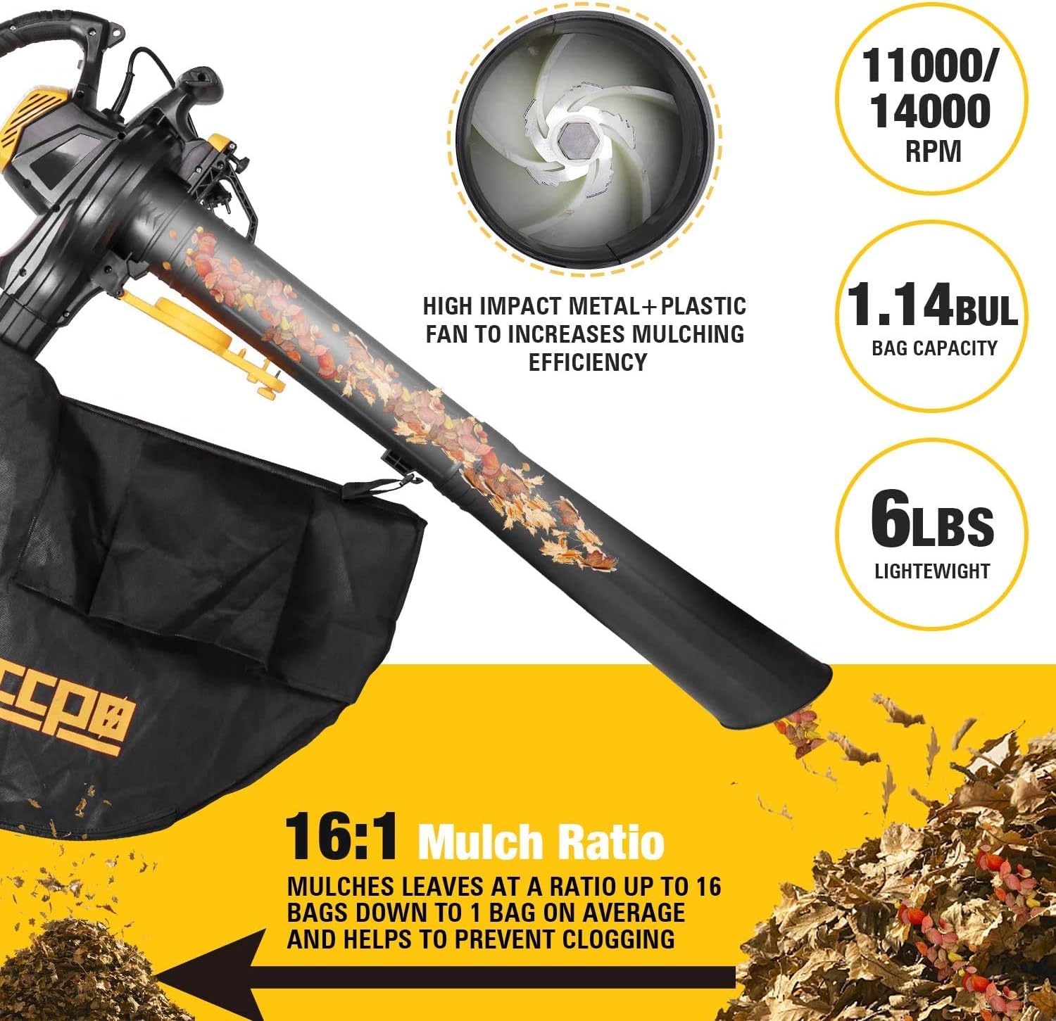 TECCPO Leaf Vacuum, 12 Amp 3-in-1 Leaf Blower/Vacuum/Mulcher, Mulching Ration of 16:1, Variable Blow Speed of 170/250mph, 280/410 CFM, 40L Collection Bag - TABV01G : Garden & Outdoor