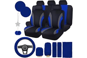 JINGSEN 17 Car Seat Cover Full Set for Women,Universal Car Seat Cover,Plush Steering Wheel Cover,Fluffy Soft Wool Handbrake Gear,Suspension Accessories Full SUV(Blue