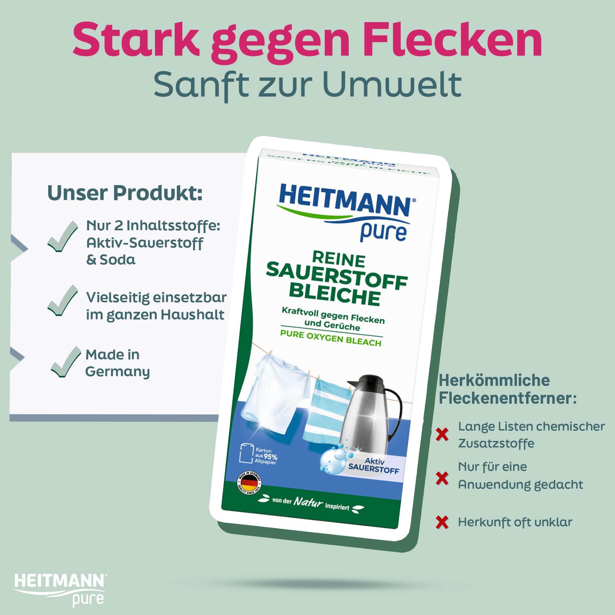HEITMANN pure Reine Sauerstoffbleiche 350 g | Ökologisches Bleichmittel aus Aktiv-Sauerstoff & Soda für Wäsche & Haushalt | Waschmittel Pulver gegen Flecken & Schmutz 6