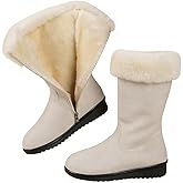 GHTRHSB Women's Soft Warm Fur Lining Casual Long Boots, Winter Vintage Suede Cozy Non Slip Mid Calf Snow Boots with Side Zipper